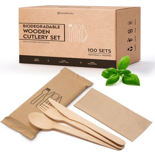 Cubiertos Purpleclay 300 piezas de madera compostables y ecológicos