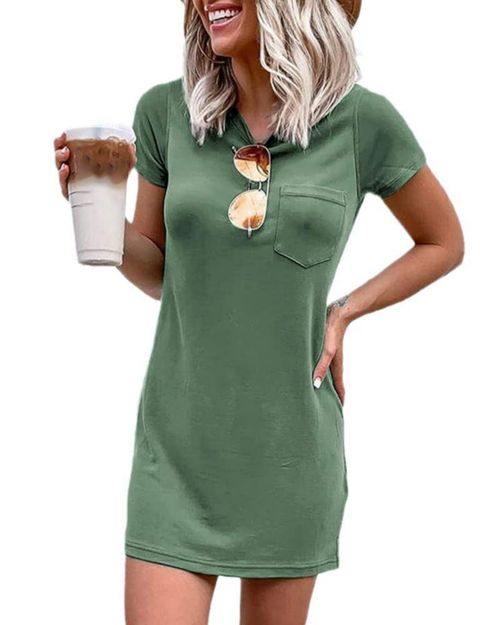 Vestido Mini tipo camiseta de cuello redondo manga corta y bolsillo sólido Ladiyo