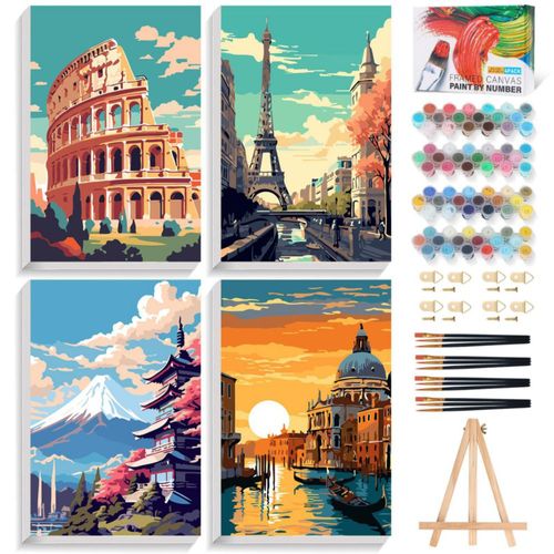 Kit de Pintura por Números Offito Pack de 4 (20 × 25 cm) con Caballete