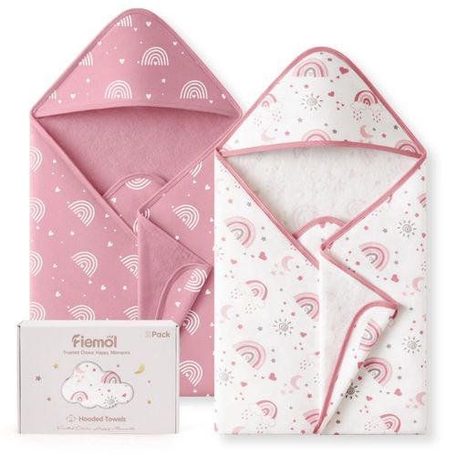 Toalla con capucha FIEMOL para bebé 81 cm pack de 2 rosa arcoíris