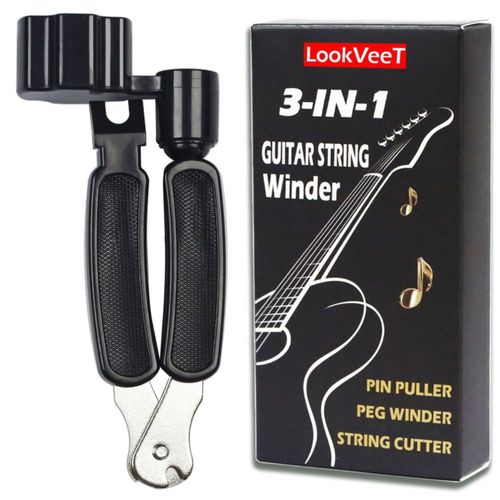 Herramienta 3 en 1 LookVeeT para guitarra (enrollador cortacuerdas y extractor de pasadores del puente)