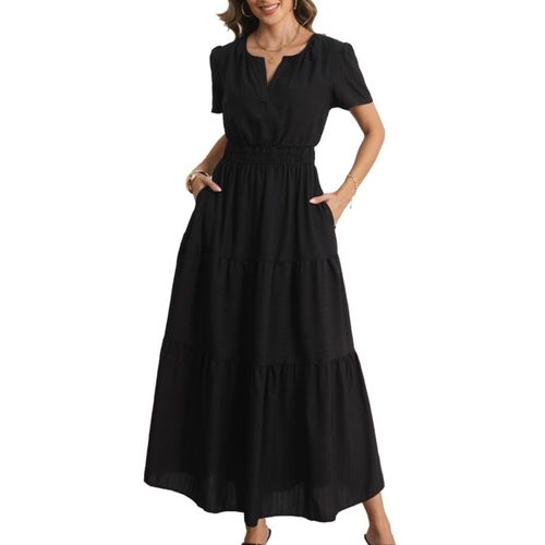 Vestido Maxi de Manga Corta Negro con Bolsillos Rainday