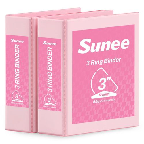 Carpeta SUNEE de 3 pulgadas con anilla tipo D – Pack de 2 rosa