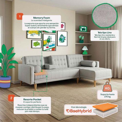 Sala Modular Reversible Makora Tyson Con Memory Foam, Color Gris Oxford, Lino Respaldo Reclinable De 3 posiciones.