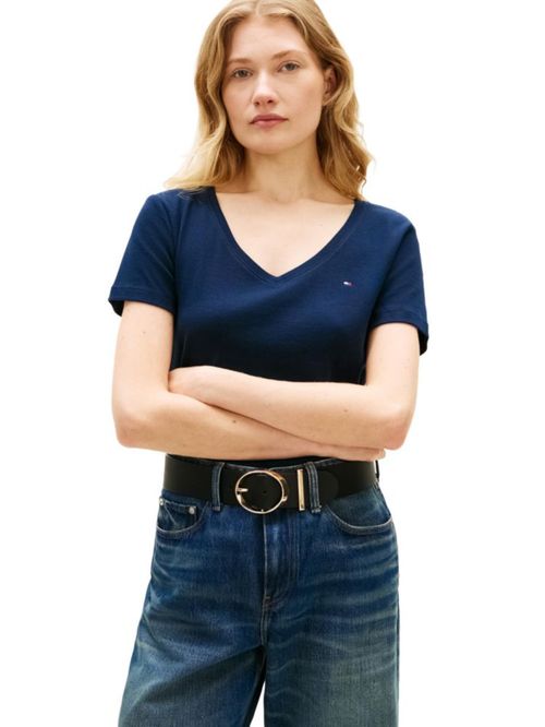 Camiseta de Mujer Tommy Hilfiger de Cuello en V Azul Marino Talla Mediana