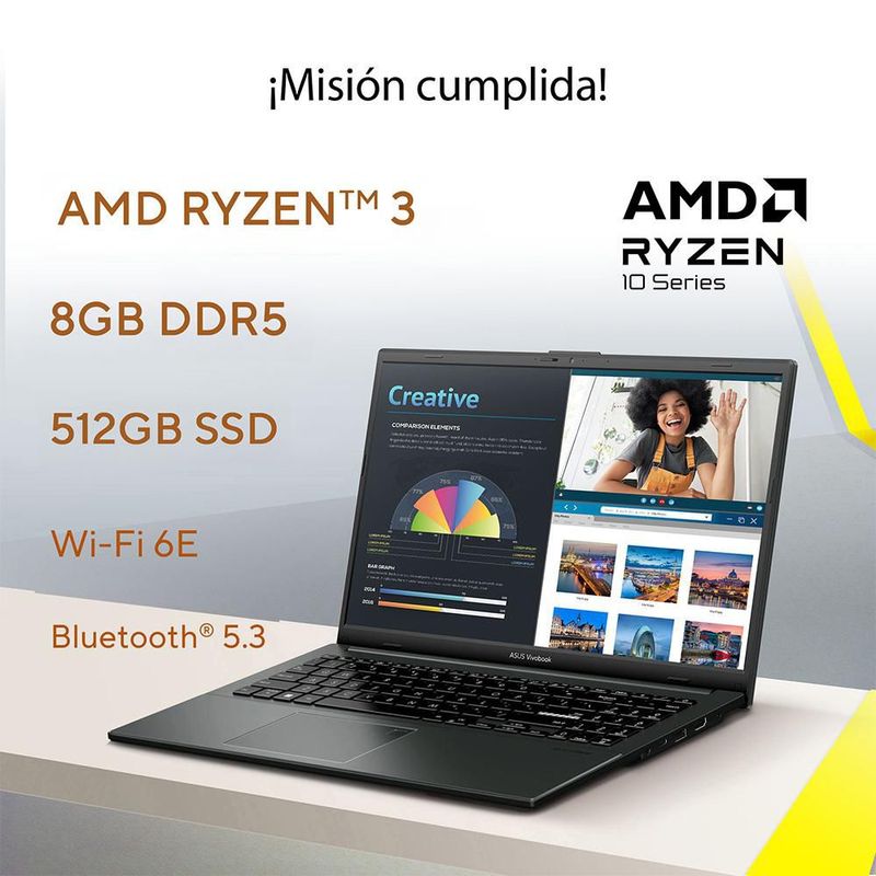 Laptop Asus Vivobook Go 14 AMD Ryzen3 8GB RAM 512GB SSD Negra