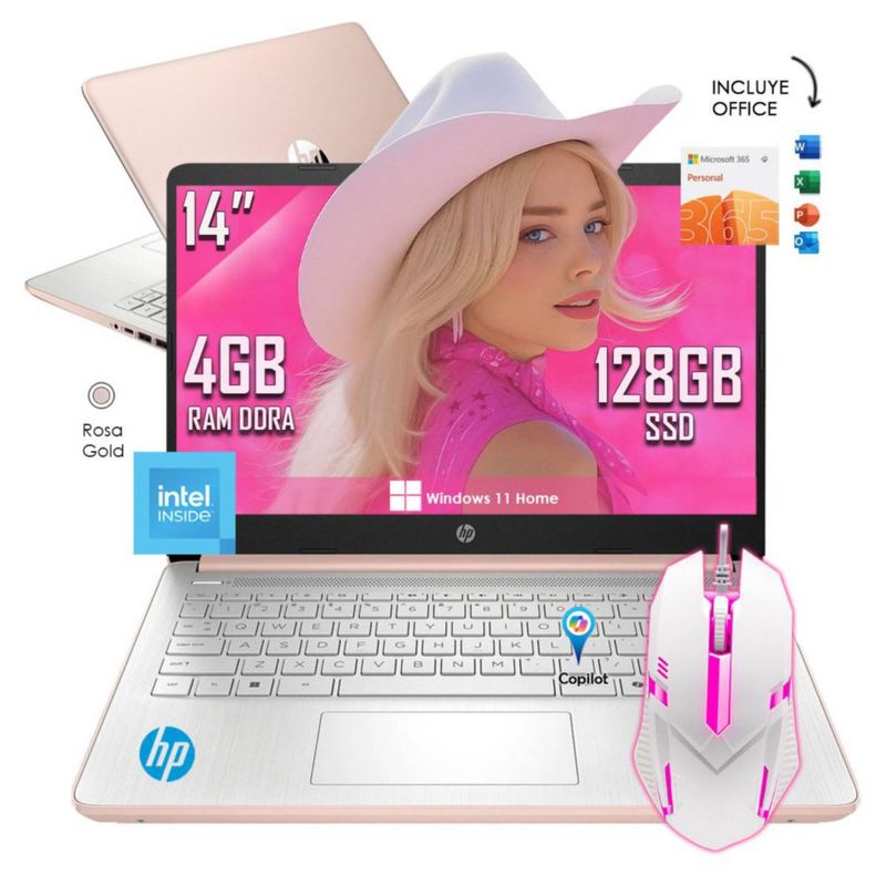 Laptop HP 14-dq6015dx Intel N150 4GB RAM 128GB SSD Rosa Windows 11 + Office incluido + Mouse
