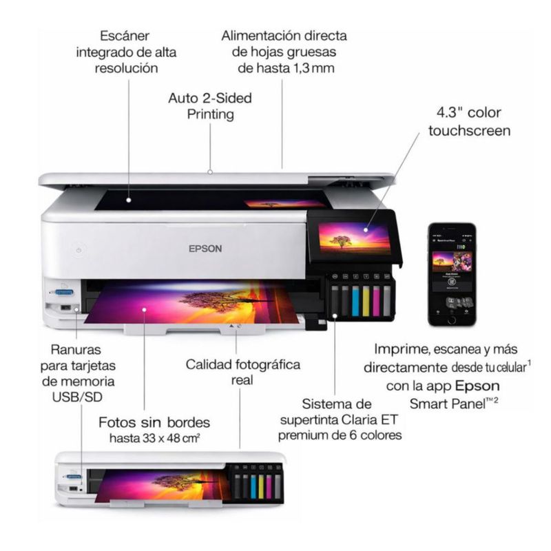Epson EcoTank ET-8550 Impresora Fotográfica A3+ Multifuncional WiFi, Escáner, Copiadora, Sistema de Tinta Continua – Blanca (Caja con detalles)