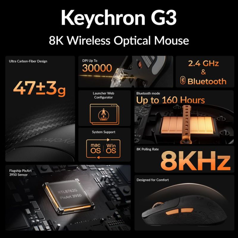 Mouse Keychron G3 8K Inalámbrico 30000 DPI 47g Negro