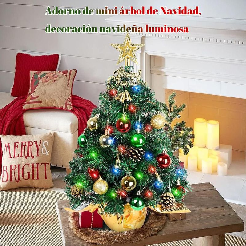Arbolito de Navidad de mesa con iluminación LED, adornos completos para decoración hogar verde.HOGAWAY