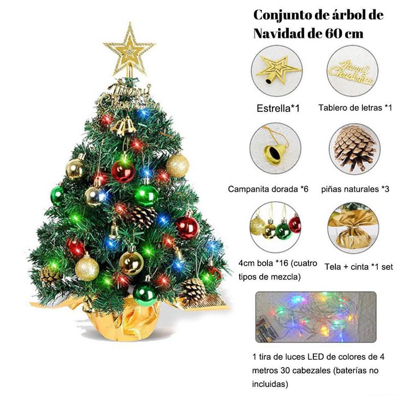 Arbolito de Navidad de mesa con iluminación LED, adornos completos para decoración hogar verde.HOGAWAY