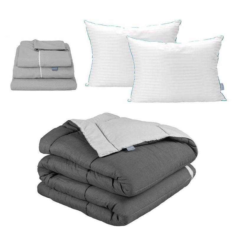 Edredon Dos vistas King Size Rogga Gris Oscuro-Gris Claro+ Sabanas Royal Gris Perla+ Almohada Royal Twin CDZ