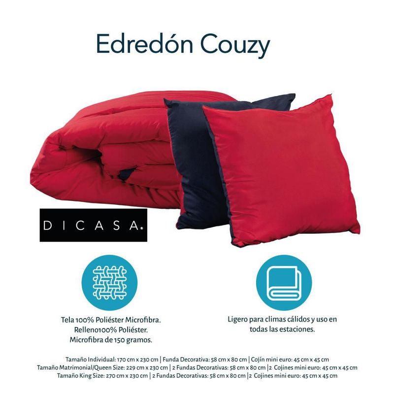 Set de Edredón Matrimonial Doble Vista Couzy Rojo-Azul Marino + Sábanas Softy TRY