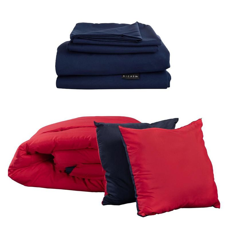 Set de Edredón Matrimonial Doble Vista Couzy Rojo-Azul Marino + Sábanas Softy TRY