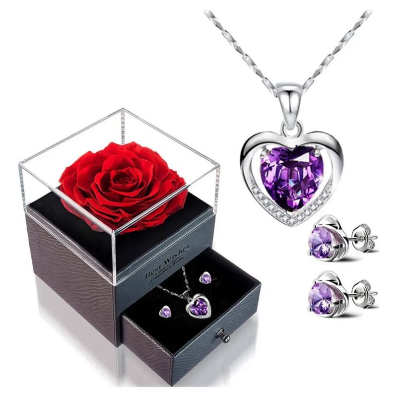 Collar Y Aretes Dije Corazón Cristal Mujer,  Color Plata/Morado