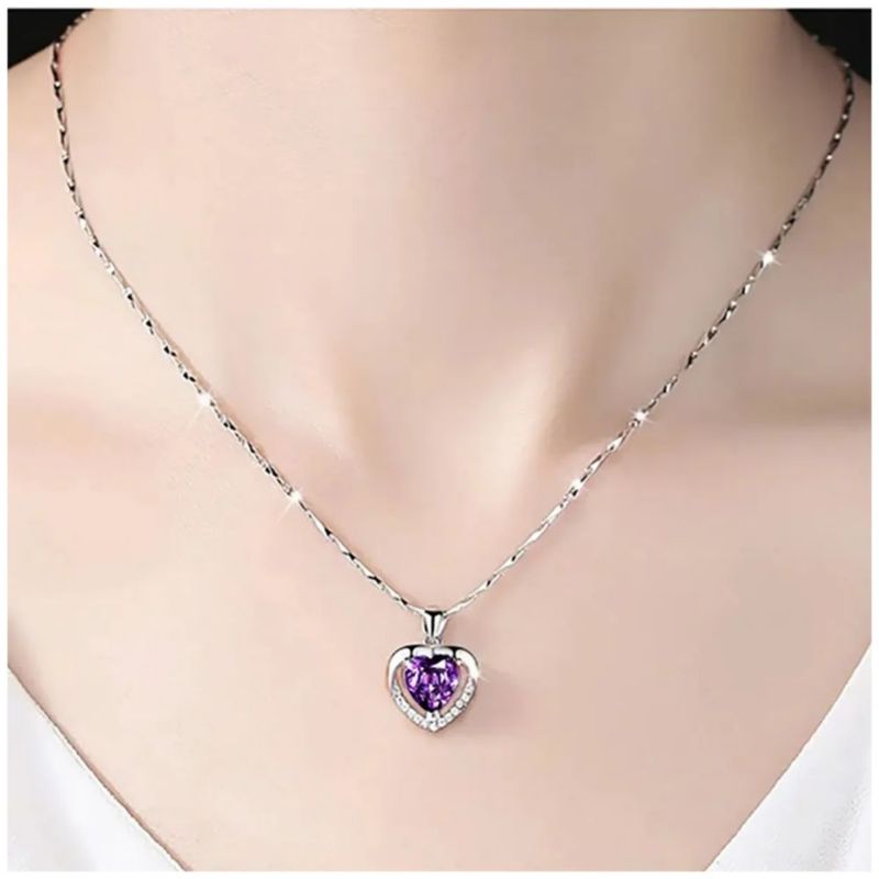 Collar Y Aretes Dije Corazón Cristal Mujer,  Color Plata/Morado