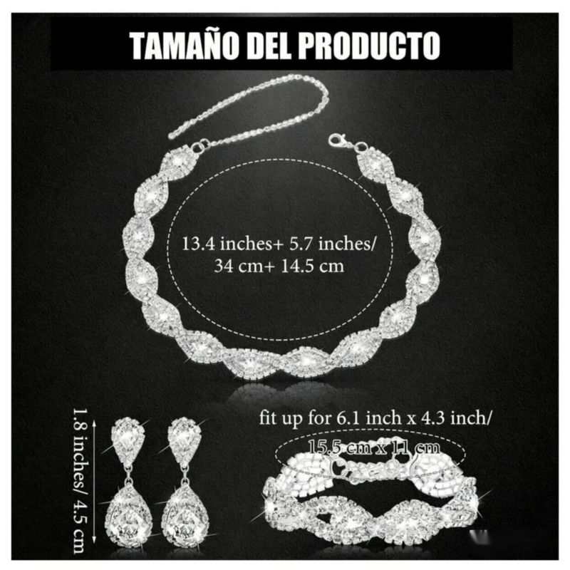 Kit 4pzs Joyería Juego De Collar Pulsera Pendientes Para Novia Mujer, Color Plata