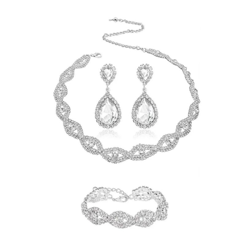 Kit 4pzs Joyería Juego De Collar Pulsera Pendientes Para Novia Mujer, Color Plata