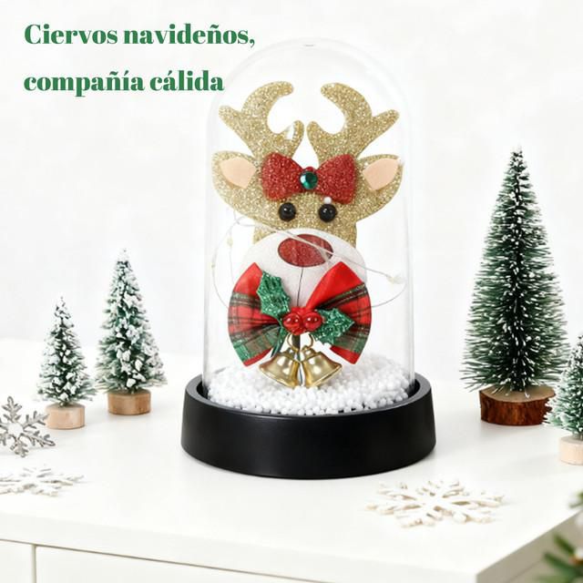 Luz Decorativa de Navidad en Campana de Vidrio con Reno de Purpurina Dorada y Campanas para Mesa y Hogar Negro.HOGAWAY