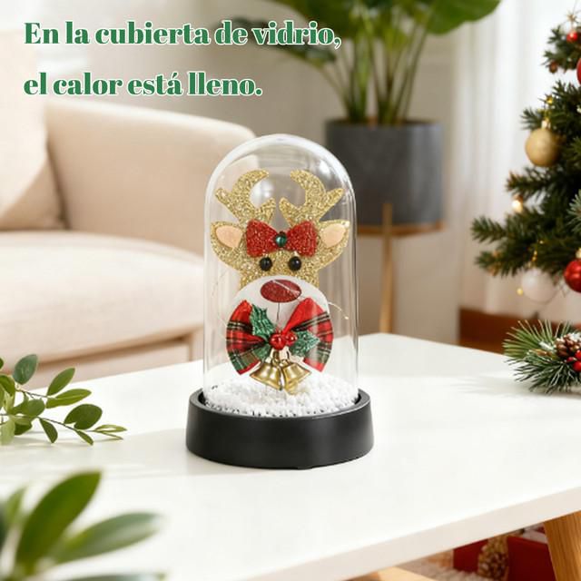 Luz Decorativa de Navidad en Campana de Vidrio con Reno de Purpurina Dorada y Campanas para Mesa y Hogar Negro.HOGAWAY