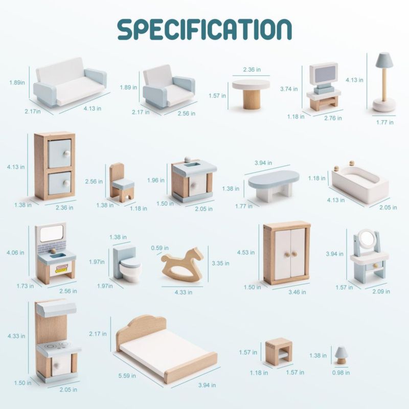 Juego de muebles para casa de muñecas ROBUD de madera 23 piezas 5 habitaciones más de 3 años