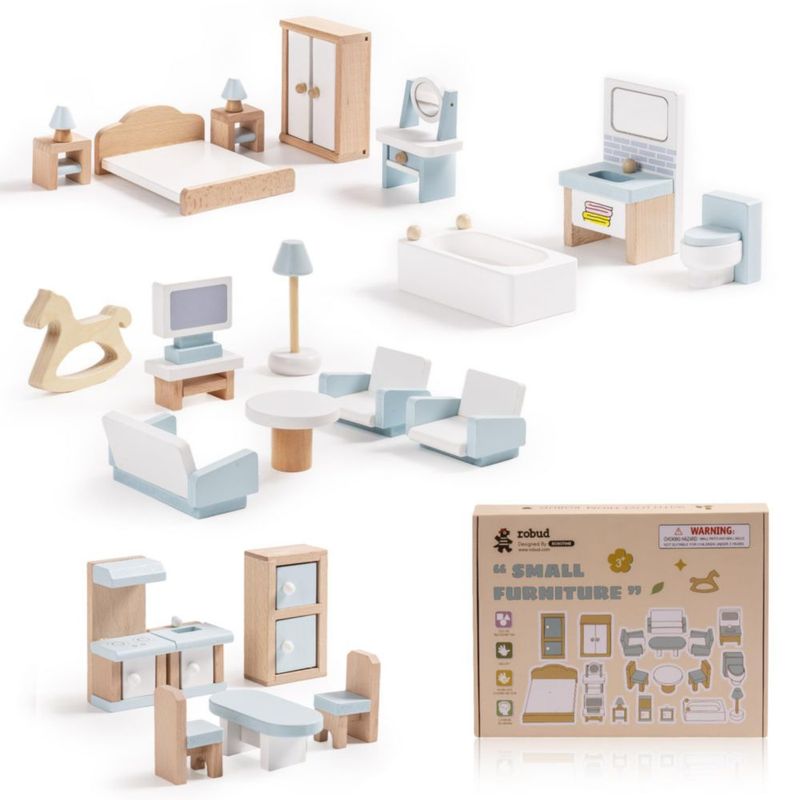 Juego de muebles para casa de muñecas ROBUD de madera 23 piezas 5 habitaciones más de 3 años