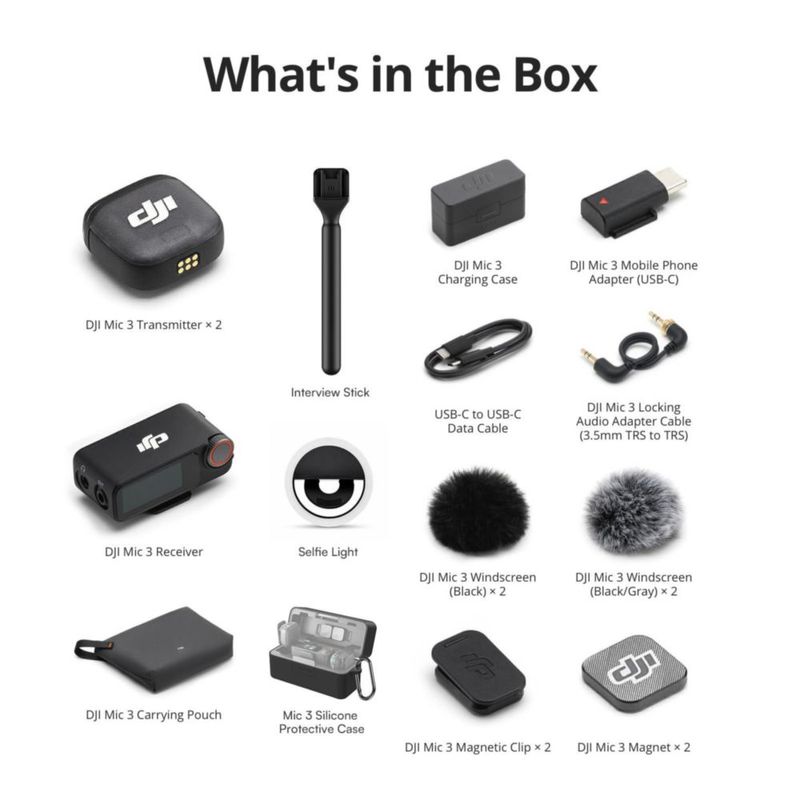 Micrófono DJI Mic 3 Combo + Estuche + Palo de Entrevista + Luz Selfie