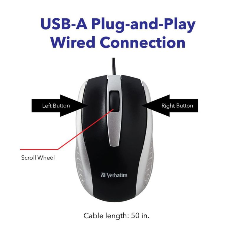 Ratón Óptico con Cable Verbatim USB Plateado