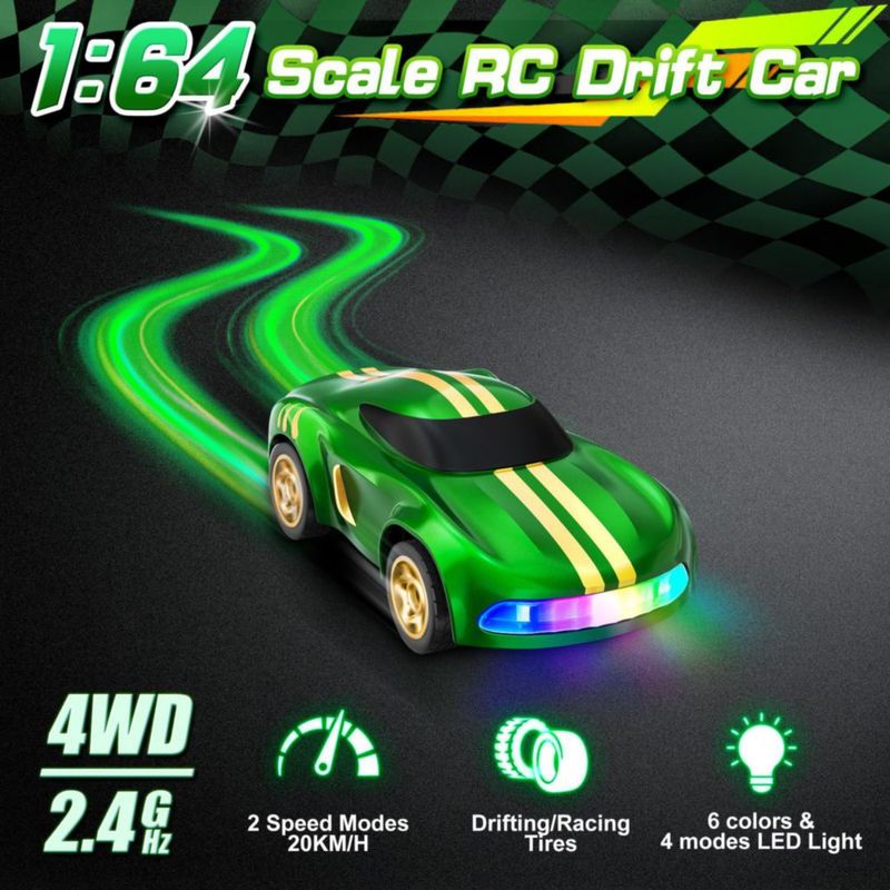 Coche RC Drift Salazaza 1/64 4WD con Luces LED Verde
