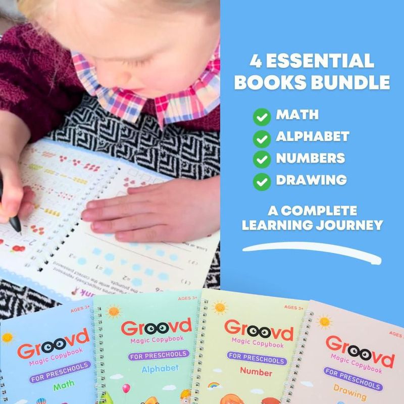 Set de 4 cuadernos reutilizables Groovd con bolígrafo (3‑8 años)