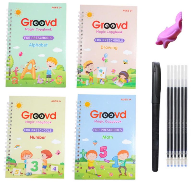 Set de 4 cuadernos reutilizables Groovd con bolígrafo (3‑8 años)