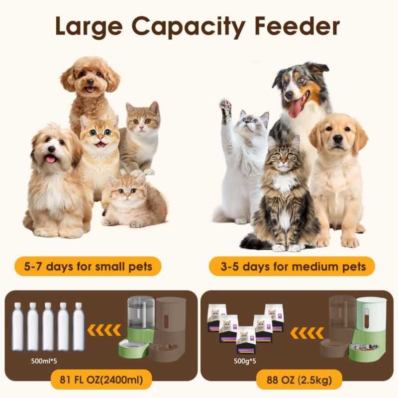 Comedero Automático por Gravedad 2 en 1 Bsemax para Mascotas con Capacidad de 2.4L de Comida y 2.6L de Agua