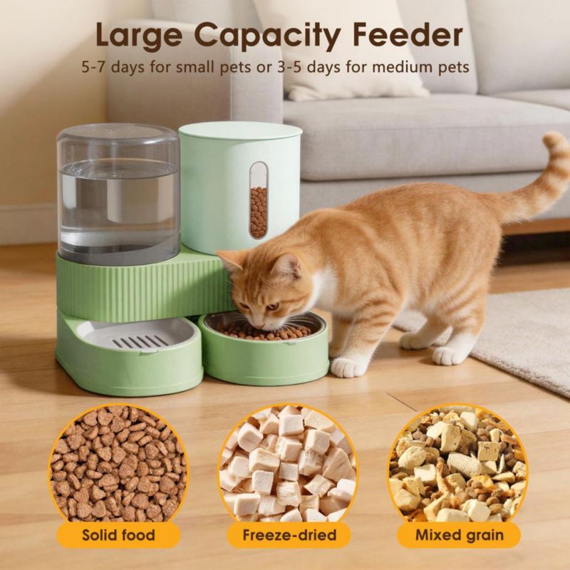 Comedero Automático por Gravedad 2 en 1 Bsemax para Mascotas con Capacidad de 2.4L de Comida y 2.6L de Agua