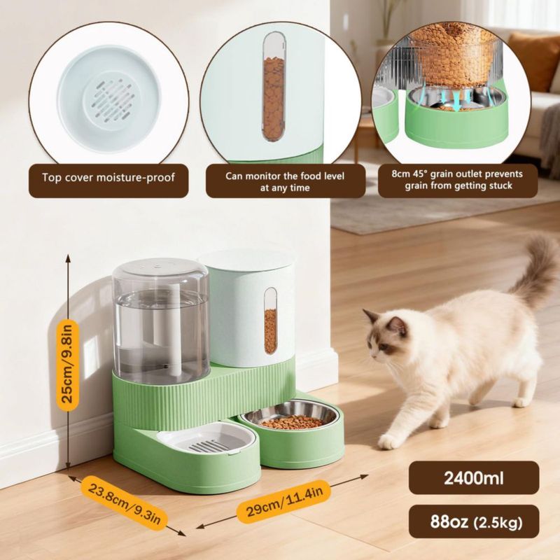 Comedero Automático por Gravedad 2 en 1 Bsemax para Mascotas con Capacidad de 2.4L de Comida y 2.6L de Agua