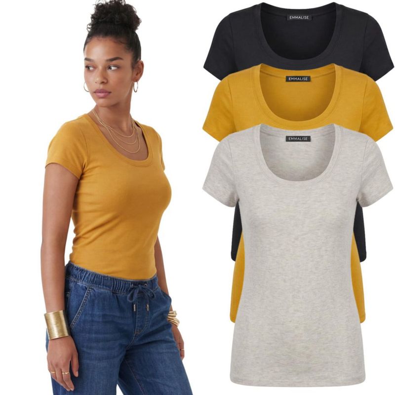 Emmalise Camiseta de Mujer de Cuello Redondo y Manga Corta Corte Entallado Algodón Elastizado Pack de 3 Tallas Junior y Plus Negro Mostaza Oscuro