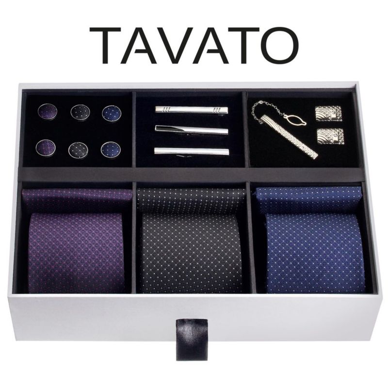 Set de Corbatas TAVATO: 3 Corbatas + Pañuelo de Bolsillo + Pasadores