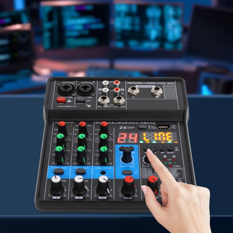 Mezclador de Audio Haivenliuy de 4 Canales con Bluetooth y USB 24‑bit