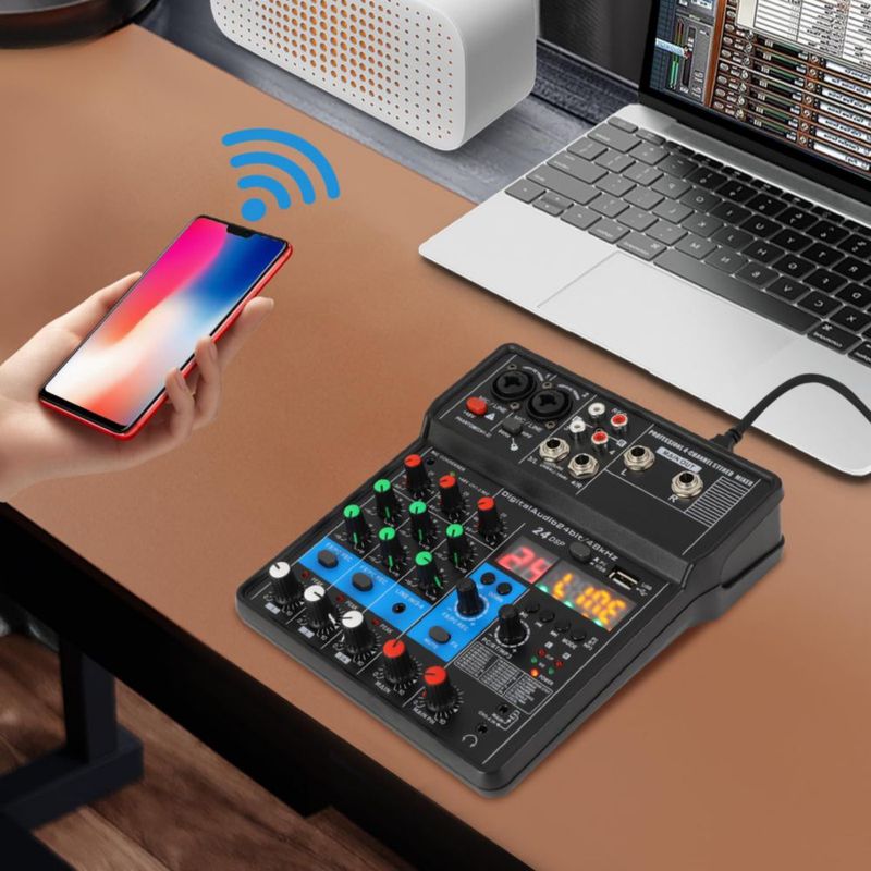 Mezclador de Audio Haivenliuy de 4 Canales con Bluetooth y USB 24‑bit