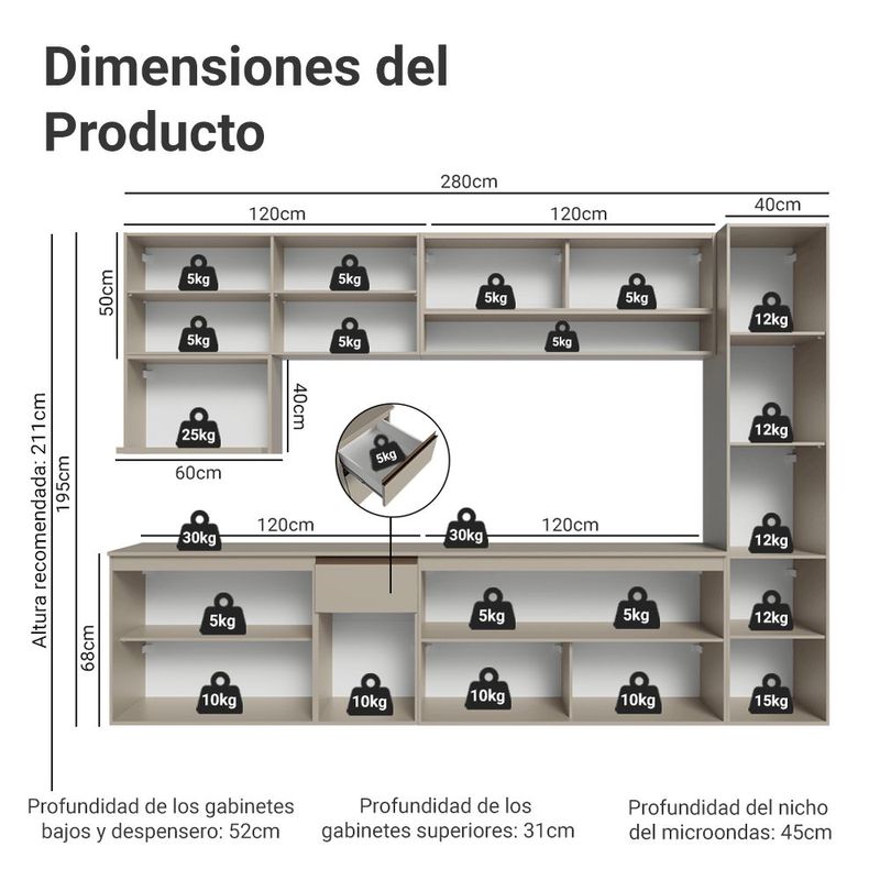 Cocina integral completa modular madesa nice 280cm crema 08