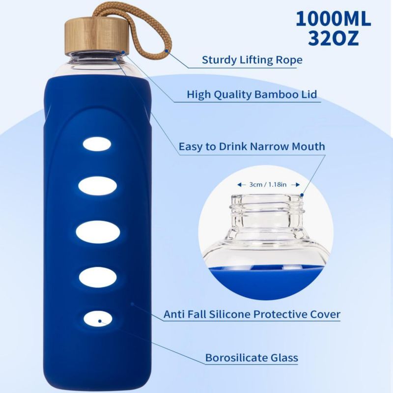Botella Ferexer de 1 L de vidrio con funda y tapa de bambú