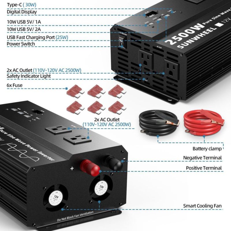 Inversor de potencia SUNWHEEL 2500W 12V a 110V
