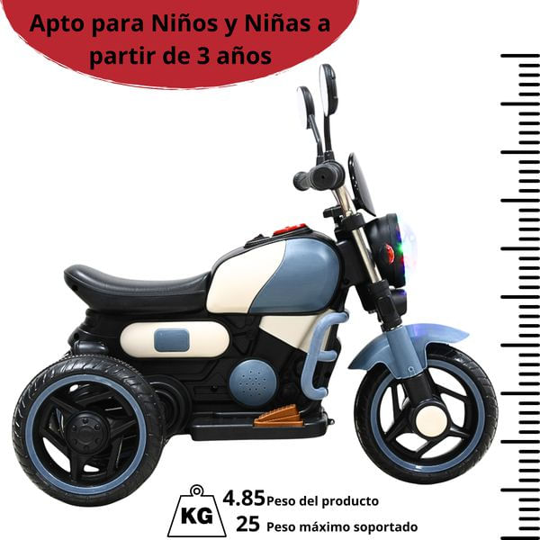 Moto Montable Eléctrica Retro Para Niños 3 Ruedas 6V Bluetooth Luces Música Desde 3 Años Hasta 25 Kg - Azul