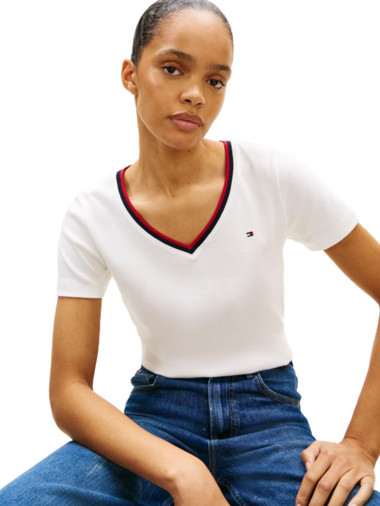 Tommy Hilfiger Camiseta de Mujer Canelada de Corte Entallado con Cuello en V RWB Ecru Talla XL