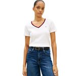 Tommy Hilfiger Camiseta de Mujer Canelada de Corte Entallado con Cuello en V RWB Ecru Talla XL