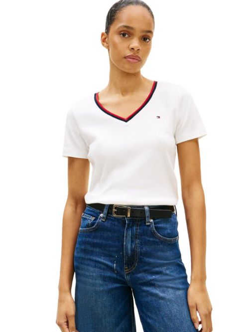 Tommy Hilfiger Camiseta de Mujer Canelada de Corte Entallado con Cuello en V RWB Ecru Talla XL