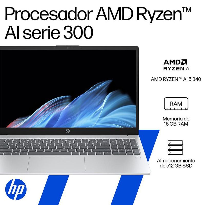Laptop Hp AMD Ryzen AI 16GB RAM 512GB SSD 15.6" Glacier Silver