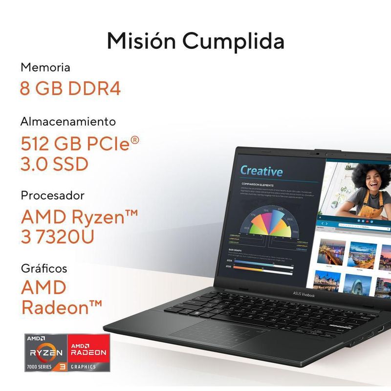 Laptop Asus VivoBook Go 14 AMD Ryzen 3 8GB RAM 512GB SSD Negra