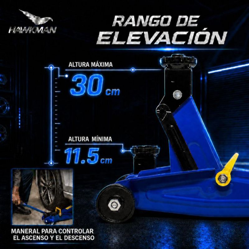 Gato Hidráulico Patin Hawkman 2 Ton Ruedas 360° Altura 11.5-30 cm Asa Removible