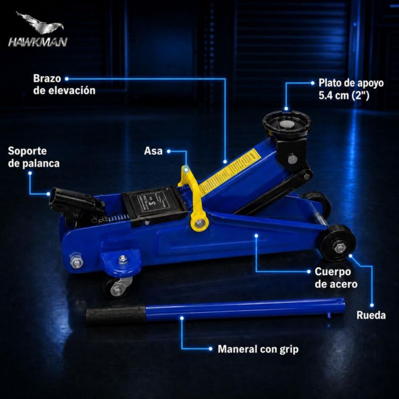 Gato Hidráulico Patin Hawkman 2 Ton Ruedas 360° Altura 11.5-30 cm Asa Removible