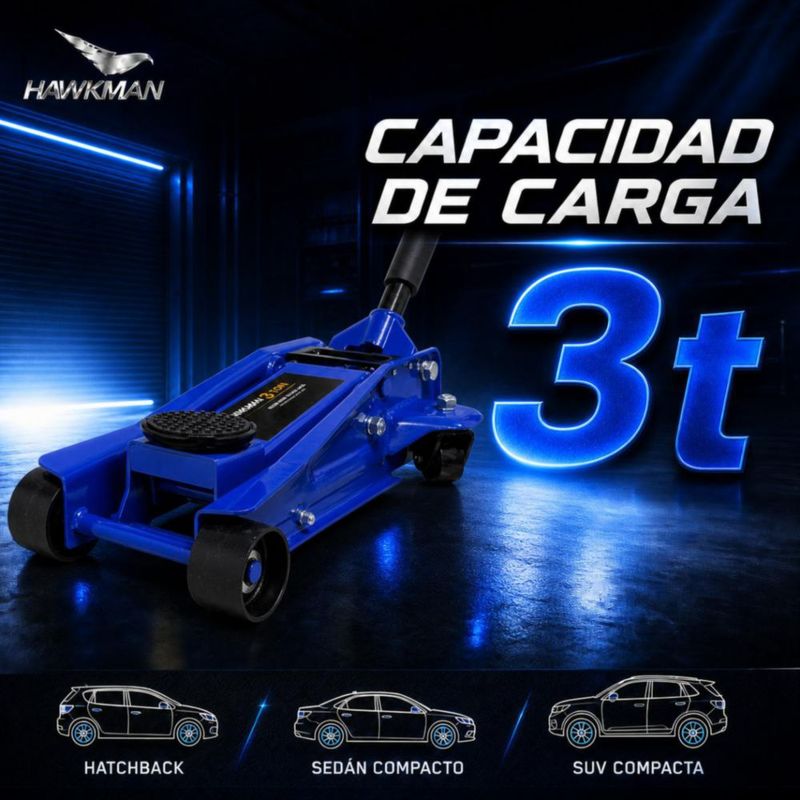 Gato Hidráulico Patín Hawkman 3 Ton Ruedas 360° Altura 13.5-45 cm Ruedas 360°